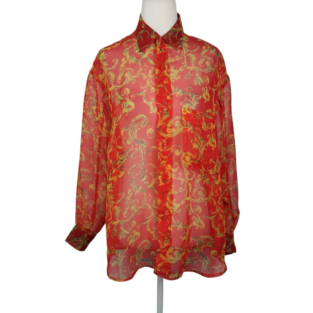 Vintage 90s Guess Red and Yellow Baroque Print Sheer Button-Down Blouse Top S
